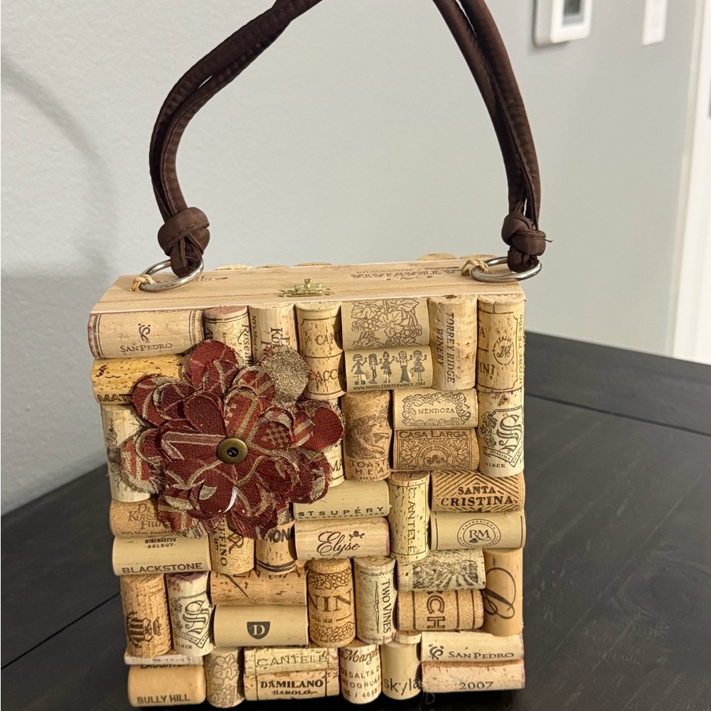 Handcrafted Cork Wine Stopper Mini Bag with Brown Handle and Red Floral Accent